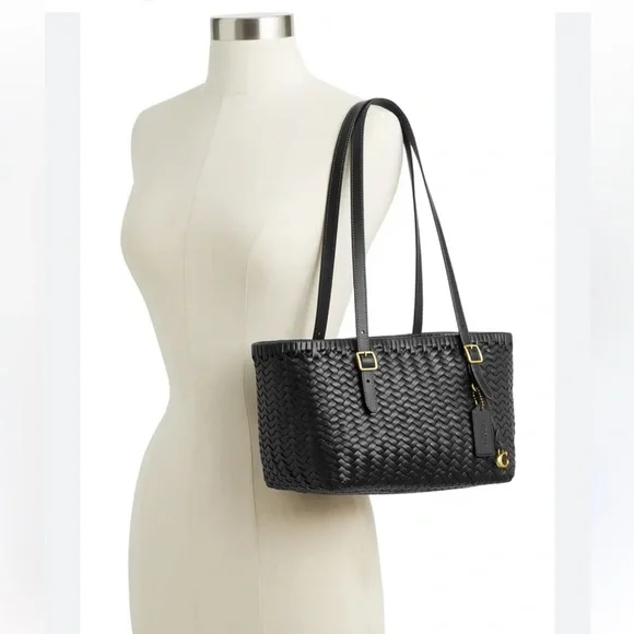 Coach Black Woven Leather Swing Tote Carryall Shoulder Bag Purse - Picture 13 of 13